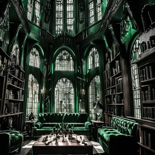 Prompt: slytherin common room, dark, aesthetic, beautiful