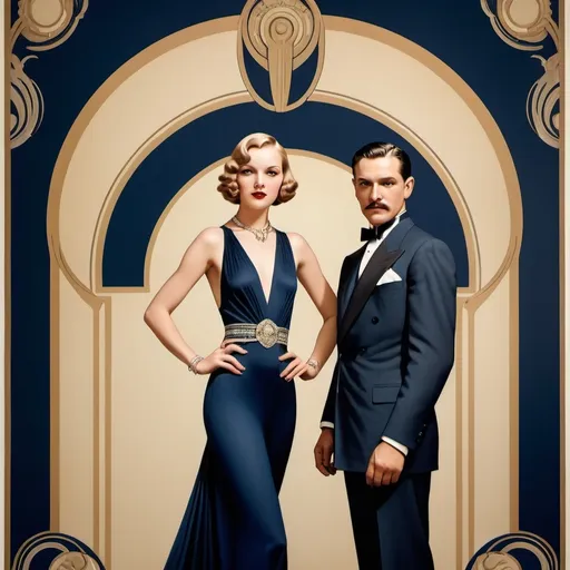 Prompt: A 1930s-style advertisement poster for "Canon Ball Pictures," a photography studio. The design features bold, streamlined Art Deco elements with a muted color palette, including shades of deep blue, gold, and cream. The central image depicts a glamorous Hollywood-style couple, elegantly dressed, posing in front of an ornate backdrop. The overall vibe of the poster is luxurious and cinematic, evoking the allure and sophistication of the early film industry.