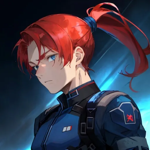 Prompt: Calm teenage boy with red hair tied into a ponytail and blue eyes wearing a sci-fi dark blue soldier uniform.