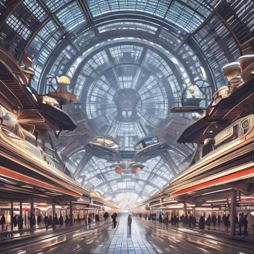 Prompt: futuristic busy enormous domed city, interior, tourist shopping plaza, transit arrivals, rainbow starburst glass roof, art nouveau, realistic details, photorealistic, 8k render, cinematic lighting, ultra detailed