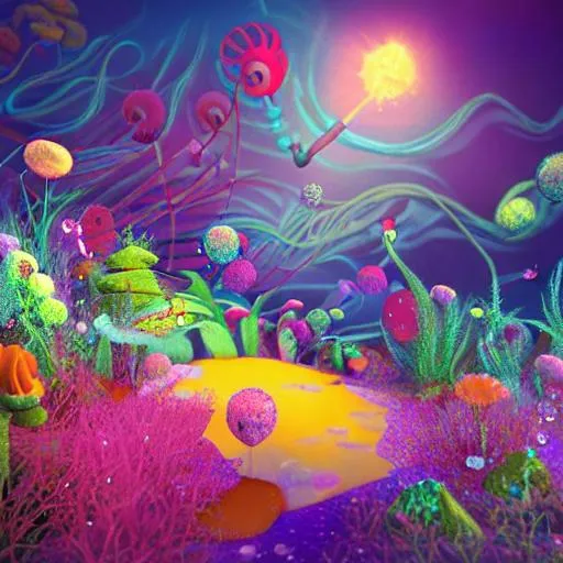 Prompt: dr. seuss style art, fairy, bubbles, liminal space, flowers, beautiful landscape, underwater meadow, coral reef, highly detailed, 3d blender render, heavenly lighting, 