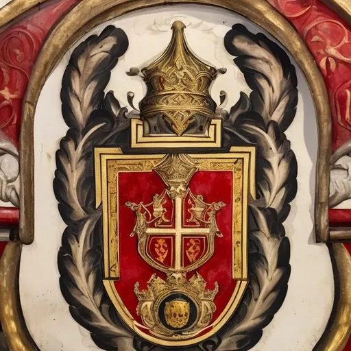 Prompt: an elaborate giovanni family crest from the middle ages for the position of warden with a focus on the colors red, black and gold 