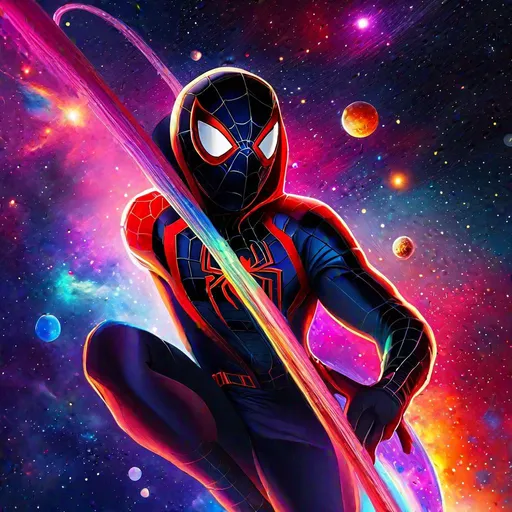 Prompt: miles Morales, space background filled with galaxies, nebulas, stars and blackholes, bright colors, planets, solar systems, vibrant colors, HD, 4K, professional brush work, detailed, cinematic shot, clean