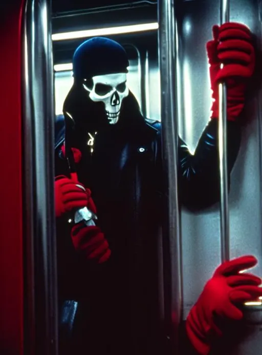 Prompt: Serial killer wearing a skull mask, red gloves, knife, in the subway, 80's horror movie.