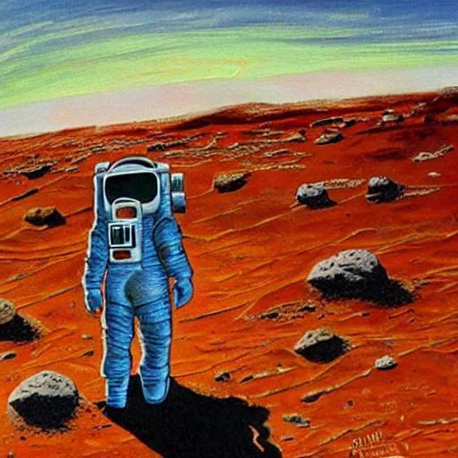 Prompt: Homme sur Mars fin du monde peinture 