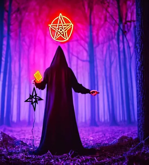 Prompt: Haunted forest, necromancer, necromancy, casting a spell, holding a tome, neon, synthwave, cloaked figure, pentagram on the ground, gathering of witches