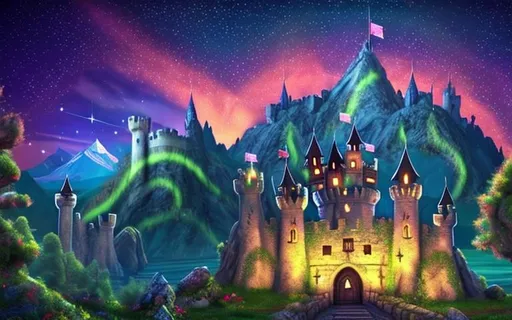 Prompt: A castle with an enchanted forest and mountains in the background. The sky has a borealis and stars. The art style looks like it is a 3D rendering for a kids video game.