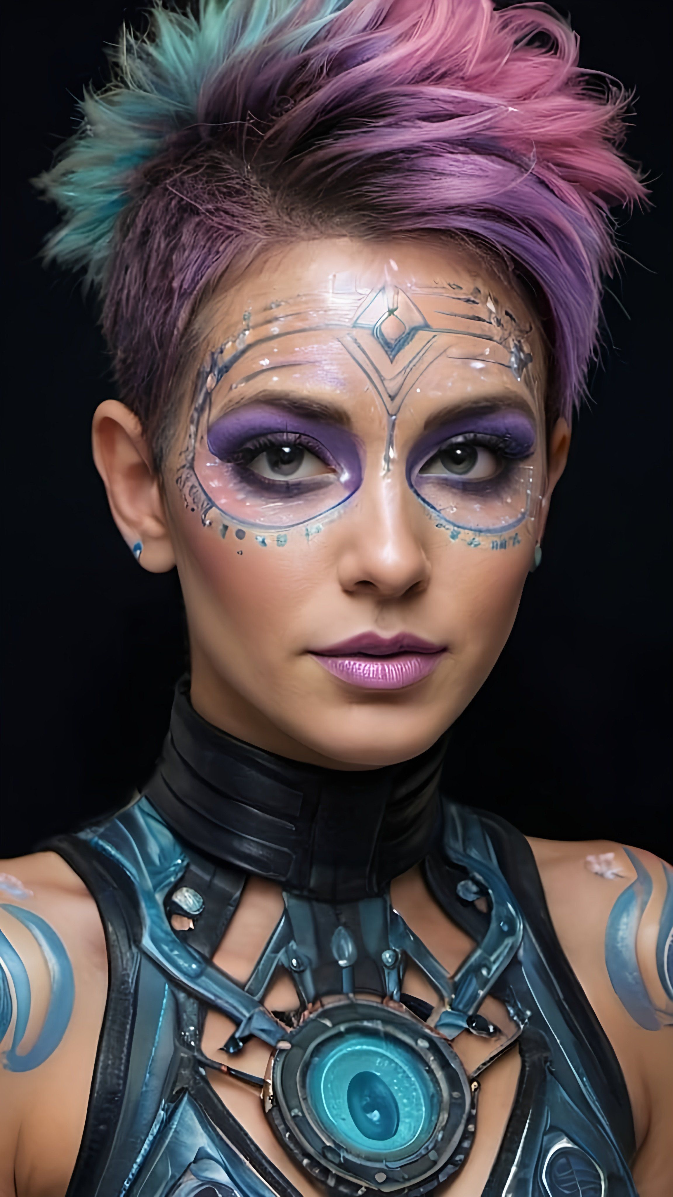 Prompt: a woman with a purple and blue hair and makeup, fantasy art