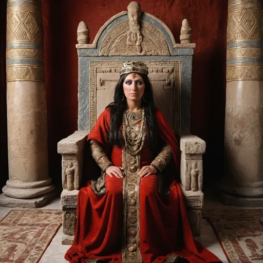 Prompt: The throne room in a palace in the ancient Kingdom of Bactria . Sitting on the throne is the 40 year old ancient Bactrian queen. She is wearing ancient Bactrian  royal clothing. She has black ancient Bactrian hair, brown eyes, a small nose and a full mouth. She is wearing ancient Bactrian make-up and face and body jewellery.