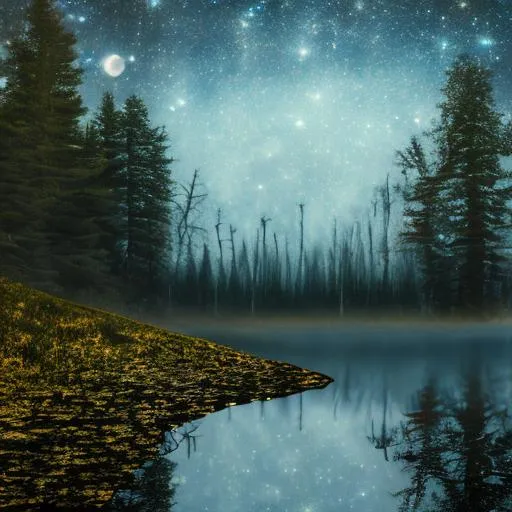 Prompt: twilight starry night, new moon, foggy pond,, trolls lurking, ultrarealistic, 8k