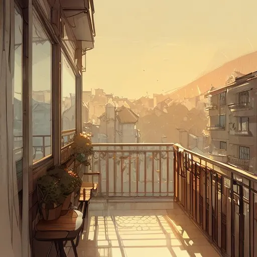 Prompt: concept art design of a cozy balcony artstation sketch by demizu posuka close up warm colors