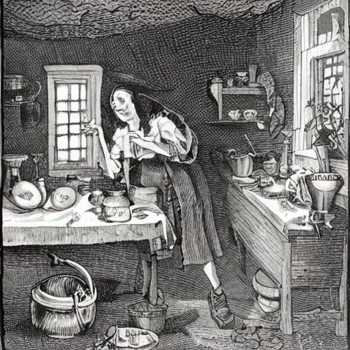 Young witch in her kitchen full of herbs, potions, b... | OpenArt