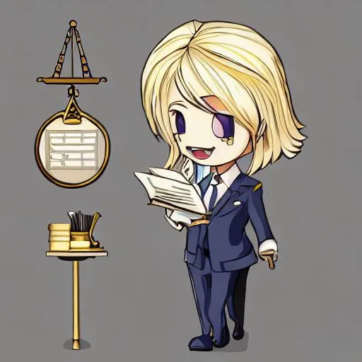 Prompt: blonde chibi lawyer character, with elements of the profession of law, in an urban environment, very detailed image, with very legible features, in high resolution, rich in details, very tight social clothes