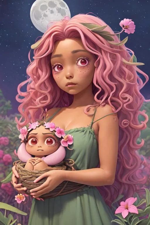 Prompt: tan skintone, mexican witch with pink wavy hair, large chest, holding sage bundle, cute, flowers, aesthetic, pastel, fairycore, disney, pixar, moon, stars, witchcraft, in a starry pastel sky,  garden, sweet, dreamy, award winning illustration, artstation, highres, hyperrealistic, large eyes, celestial, sci-fi, fantasy, cottagecore
