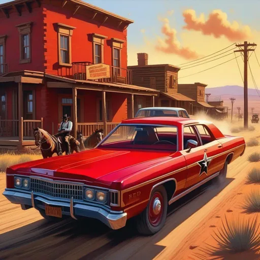 Prompt: Red Dead Redemption, car chase, cops, cartoony, sunny atmosphere, extremely detailed painting by Greg Rutkowski and by Henry Justice Ford and by Steve Henderson