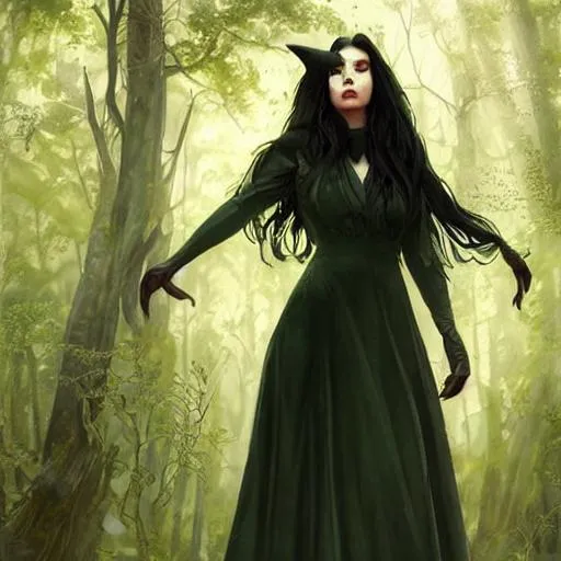 Prompt: a full body portrait of a hot 17 year witch looking like Wednesday  with long black hair, with green eyes, with a dark dress, standing in the forest
realistic face, art by artgerm and felix englund and greg rutkowski