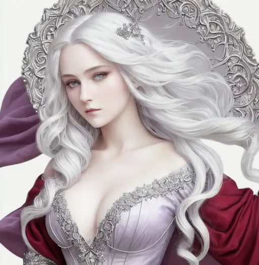 Prompt: Beautiful, medieval lady, fair skin, bright silvery white hair, long wavy hair, hair like moonlight, eyes pale purple, elegant, intricate detailed red dress, 4k, sad, pensive, graceful, detailed masterpiece, detailed composition, full-body, proportionate limbs, hourglass figure