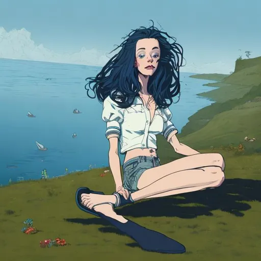 Prompt: Adult Mermaid with human legs,  on land , Wearing a blue jeans , White shirt with sleeves ,human anatomy , five fingers correctly , five toes correctly, full body view, eating salad