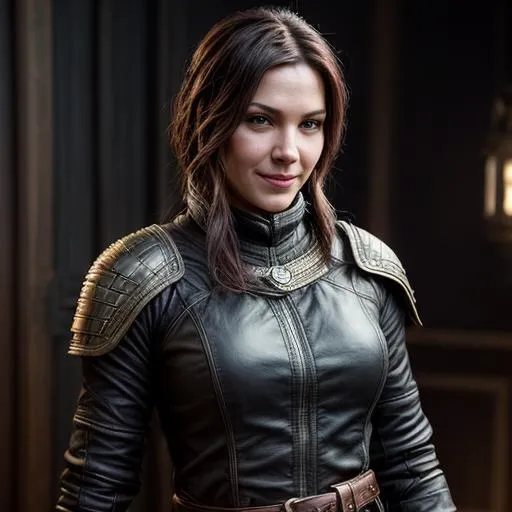 Prompt: hyperrealistic mixed media painting of a beautiful grinning female rogue, leather tunic, confident relaxed pose, d&d, stunning 3d render + perfect facial symmetry + dim volumetric lighting, 8k octane beautifully detailed render, post-processing, extremely hyperdetailed, intricate, epic composition, grim yet sparkling atmosphere, cinematic lighting + masterpiece, trending on artstation, very very detailed, masterpiece, stunning
