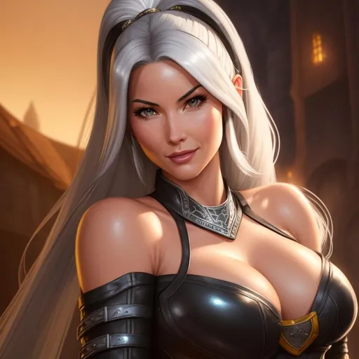 Prompt: a female rogue, olivia munn, narrow face, (long grey hair with a white streak), friendly smile, pretty, narrowchested, uhd, wearing a sleek medieval leather suit, perfect composition, beautiful detailed eyes, dirty, fantasy, rough, highly detailed, digital painting, 4k, HDR, concept art, smooth, sharp focus, illustration, dnd character, art by Artgerm