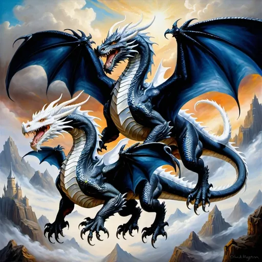 Prompt: many Dragon riders Chivalric Knights in realistic oil painting, flying through the sky in combat with each other, majestic white dragons with vibrant white scales and fur, white ethereal wings, flowing white hair, fierce expression, mythical landscapes, high fantasy, Dragon riders Chivalric Knights in realistic oil painting, flying through the sky in combat, majestic Black dragons with vibrant  dark blue metallic scales, dark ethereal wings, flowing, fierce expression, mythical landscapes, high fantasy, oil painting, vibrant colors, epic scale, detailed armor, stunning face, atmospheric lighting, professional, highres, fantasy, oil painting, dragon rider's Knights, flying, majestic, Dragon's face is bearded, ethereal, fierce expression, pale colors, high fantasy