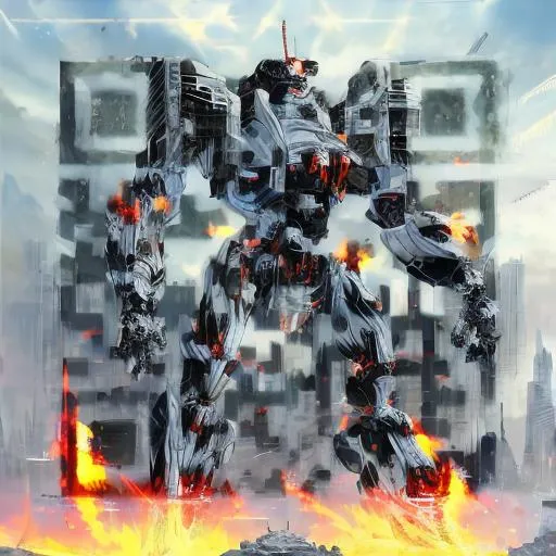 Prompt: masterpiece, best quality, mecha, no humans, black armor, blue eyes, science fiction, fire, laser canon beam, war, conflict, destroyed city background