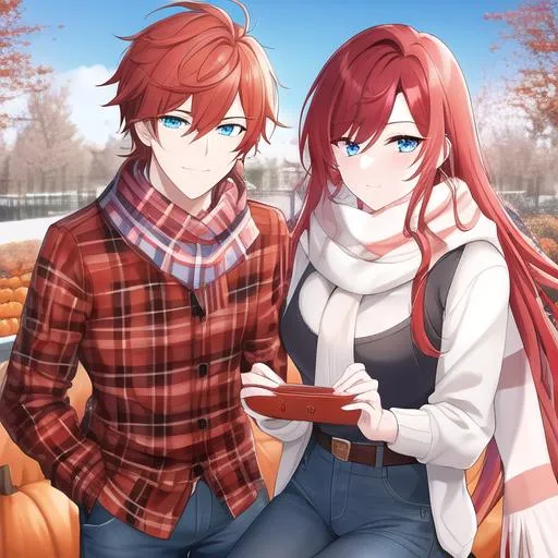 Prompt: Zerif 1male (Red side-swept hair covering his right eye, blue eyes), highly detailed face, wearing a cozy flannel shirt and a pair of stylish jeans. In the park, fall.  wearing a scarf, looking up at the sky, in a pumpkin patch, adult. Handsome,  detailed, UHD, HD, 4K, highly detailed, red haze, masculine, anime style