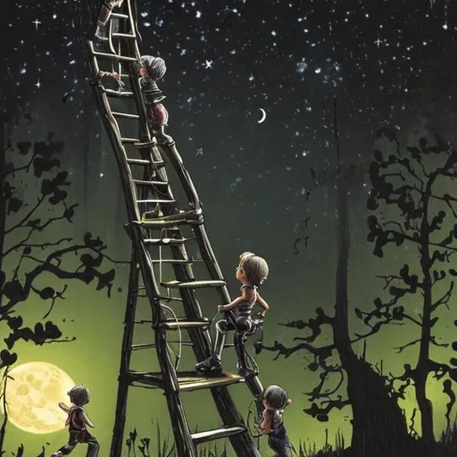 Prompt: tiny people climbing a ladder to the moon dark night, forest


