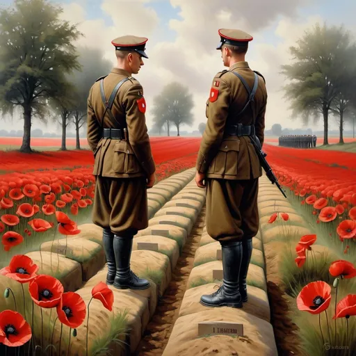 Prompt: War graves in Belgium and Holland, soldiers paying respects, fields of red poppies, somber atmosphere, realistic oil painting, high detail, respectful tribute, solemn moment, historical homage, traditional art style, muted earth tones, soft natural lighting