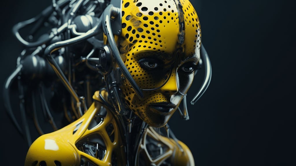 Prompt: a woman dressed is a yellow and black dress with a helmet, in the style of cyberpunk realism, zbrush, argus c3, made of insects, industrial machinery aesthetics, shiny eyes, high definition