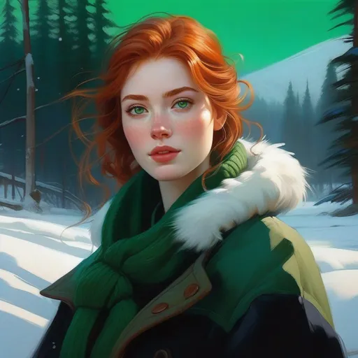 Prompt: Third person, gameplay, Udmurt girl, pale skin, ginger hair, freckles, green eyes, Siberia, snow, cold atmosphere, cartoony style, extremely detailed painting by Greg Rutkowski and by Henry Justice Ford and by Steve Henderson 