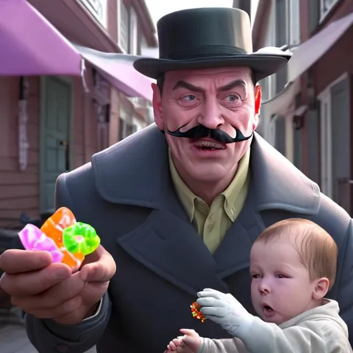 Prompt: movie villain with thin twirling moustache is seen stealing candy from a baby photorealistic
