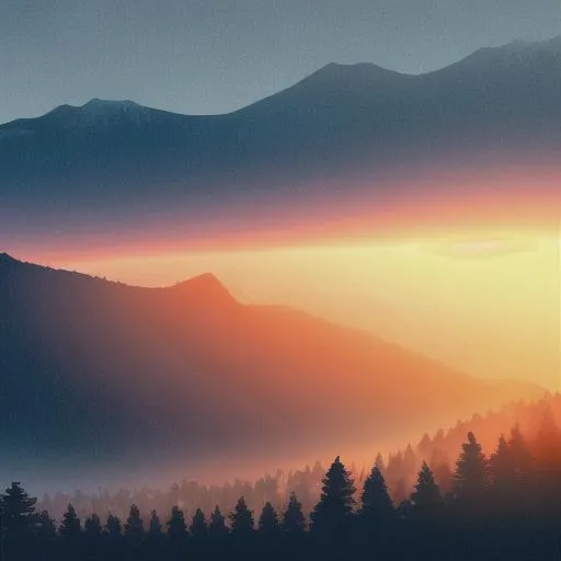 Prompt: Multiple layers of silhouette mountain, with silhouette of trees, sharp edges, at sunset, with heavy fog in air, vector style, horizon silhouette Landscape wallpaper by Alena Aenami, firewatch game style, vector style background