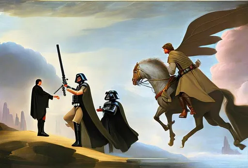 Prompt: Darth Vader and Luke Skywalker as the characters in "The Creation of Adam"