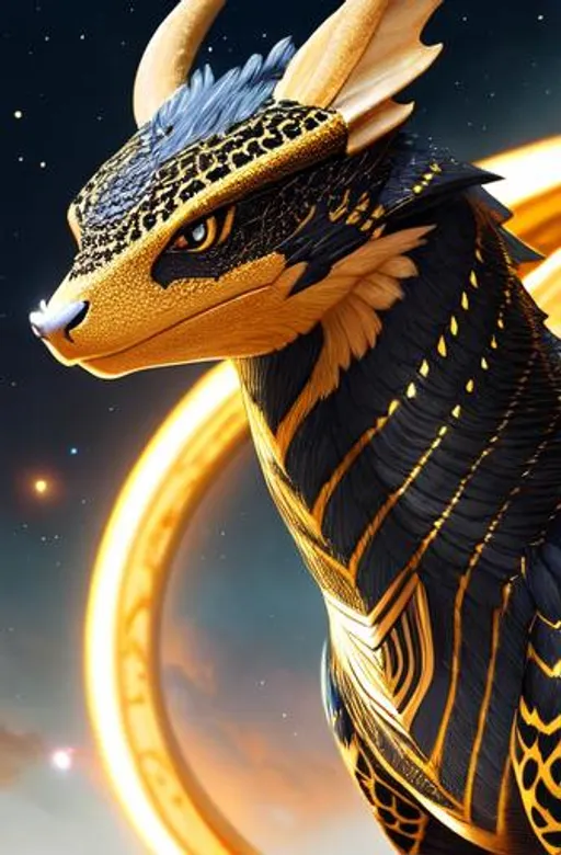 Prompt: Portrait of an wyvern with striking galactic fur and black and gold markings and a cute face, castle background, perfect composition, hyperrealistic, super detailed, 8k, high quality, trending art, trending on artstation, sharp focus, studio photo, intricate details, highly detailed, by greg rutkowski