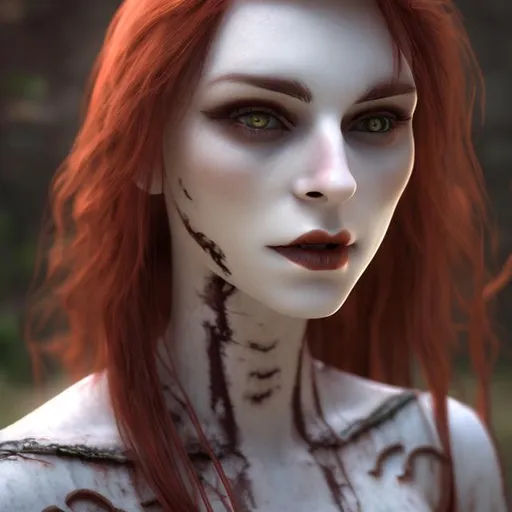 Prompt: cool ancient female vampire with red hair, pale skin and a beautiful face, realistic
