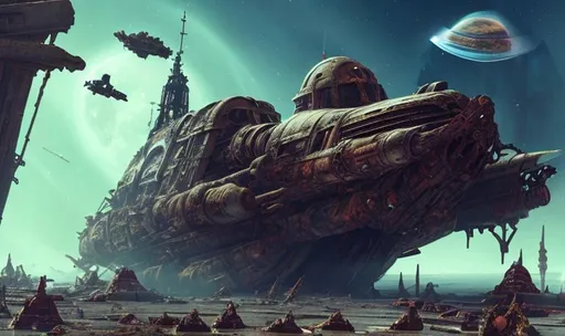 Prompt: wreck broken ancient huge old rusty spaceship astronauts discovering it skeletons laying all-over robots fixing ship graveyard 