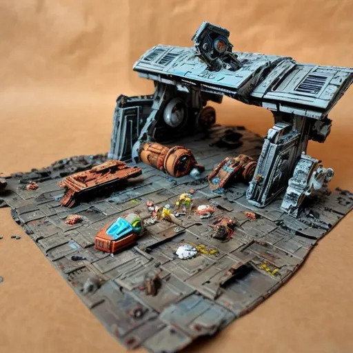 Prompt: star ship  wreck sci-fi space battle epic fleet damage explosion fire everything shields blaster hull breach rusty old toy cardboard lego
man
