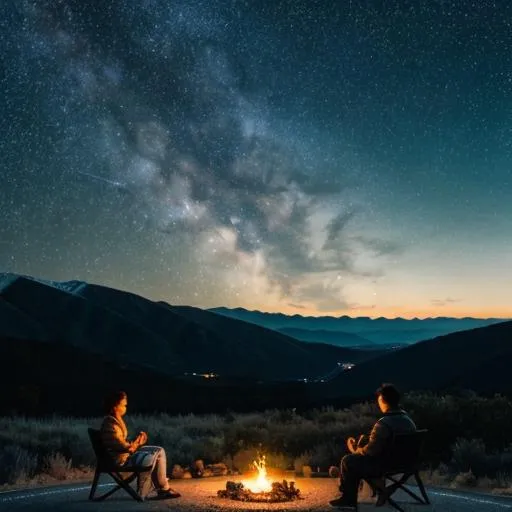 Prompt: long wide view photo highway, quiet, night, starry sky, full moon, serene atmosphere with the silhouette of the hills seen in the distance people who were sitting by the fire ultra hd