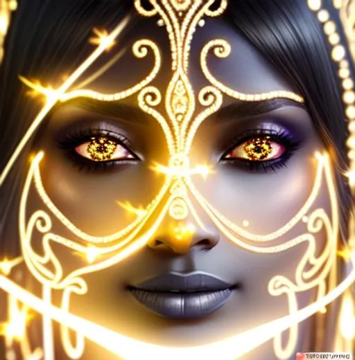 Prompt: A beautiful woman, small
nose, intricate long small hair, filigree halo, dark tan skin, ethereal, phoenix, luminous, fireflies, night sky, glowing, trails of light, 3D lighting, celestial, some sparkle, soft light, sunset, fantasy,she is the moon queen,beautiful face and lite and black skin like the sky


