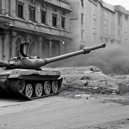 Prompt: a tank shooting at a building