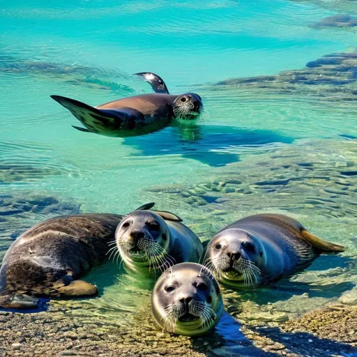 Prompt: A seal laying down in a pool of water together with 2 other seals