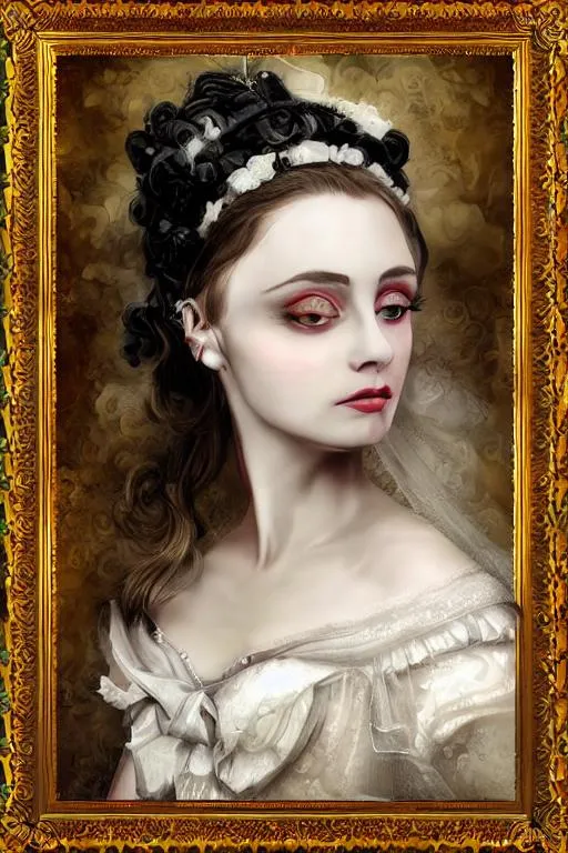 Prompt: Oil painting a beautiful Victorian bride, by Tim Burton, award-winning cgi, photoshop 