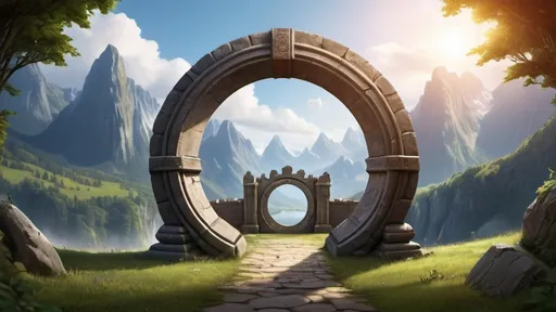 Prompt: circular portal, gateway between kingdoms, ring, ring standing on edge, freestanding ring, complete ring, panoramic view