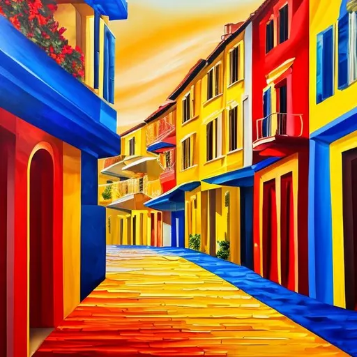 Prompt: A painting of a street view
 with the colors red, bright yellow and royal blue