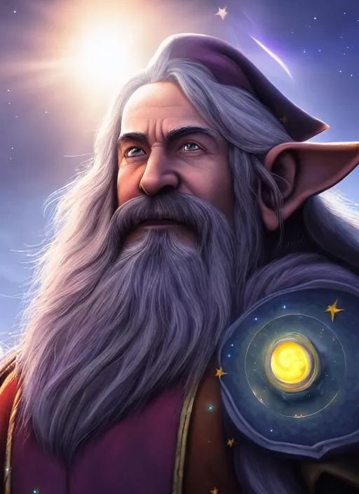 Prompt: Portrait of Warcraft Gnome Wizard with Greying hair and with cute face, supernova night sky background, perfect composition, hyperrealistic, super detailed, 8k, high quality, trending art, trending on artstation, sharp focus, studio photo, intricate details, highly detailed