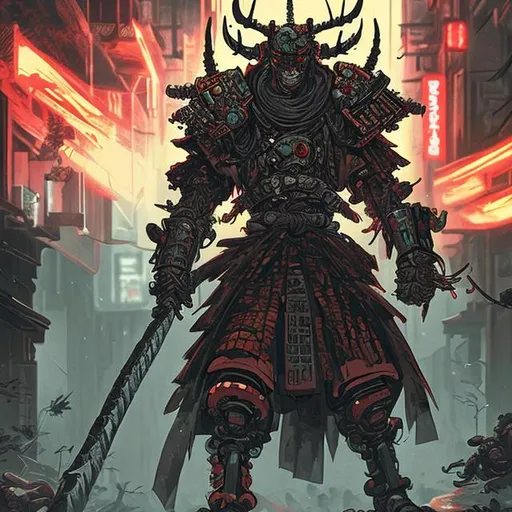 Prompt: DND samurai cyborg cyberpunk  fighting monsters in hell