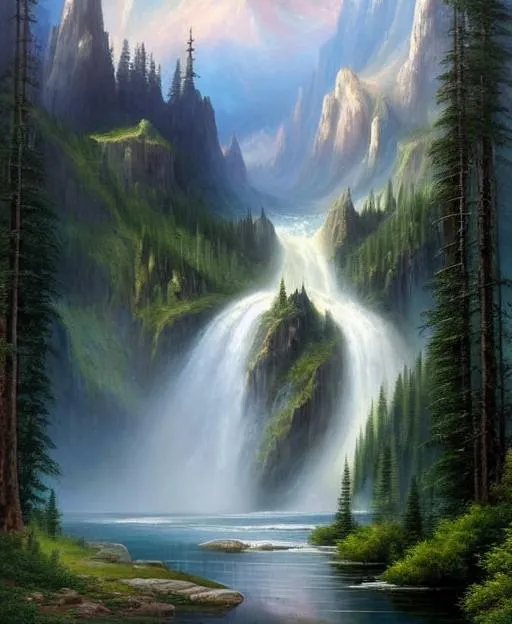 Prompt: a painting of a huge mountain range with a single waterfall coming down from the mountains leading into a narrow lake in the foreground surrounded with pine forest, rainy, volumetric lighting, fantasy artwork, very beautiful scenery, very realistic painting effect, hd, hdr, cinematic 4k wallpaper, 8k, ultra detailed, high resolution, artstation, concept art, 8k post-processing, epic scale