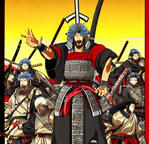 Prompt: Anime war scene graphic High detail Samurai warrior crusaders with Jesus Christ as depicted in the book of  revaltion coming out of heaven one side is the gathering of The chosen to ride victory against the enemy Satan and his fallen cyberpunk ninjas on the opposite side 