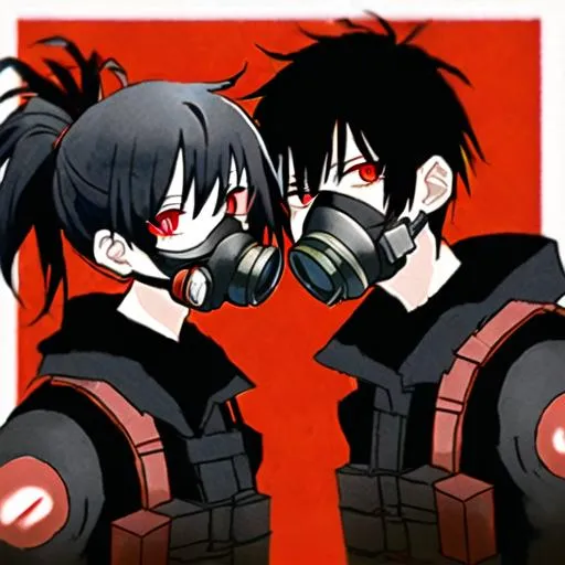 Prompt: Pyro  (black hair) (red eyes) wearing a dual respirator gas mask